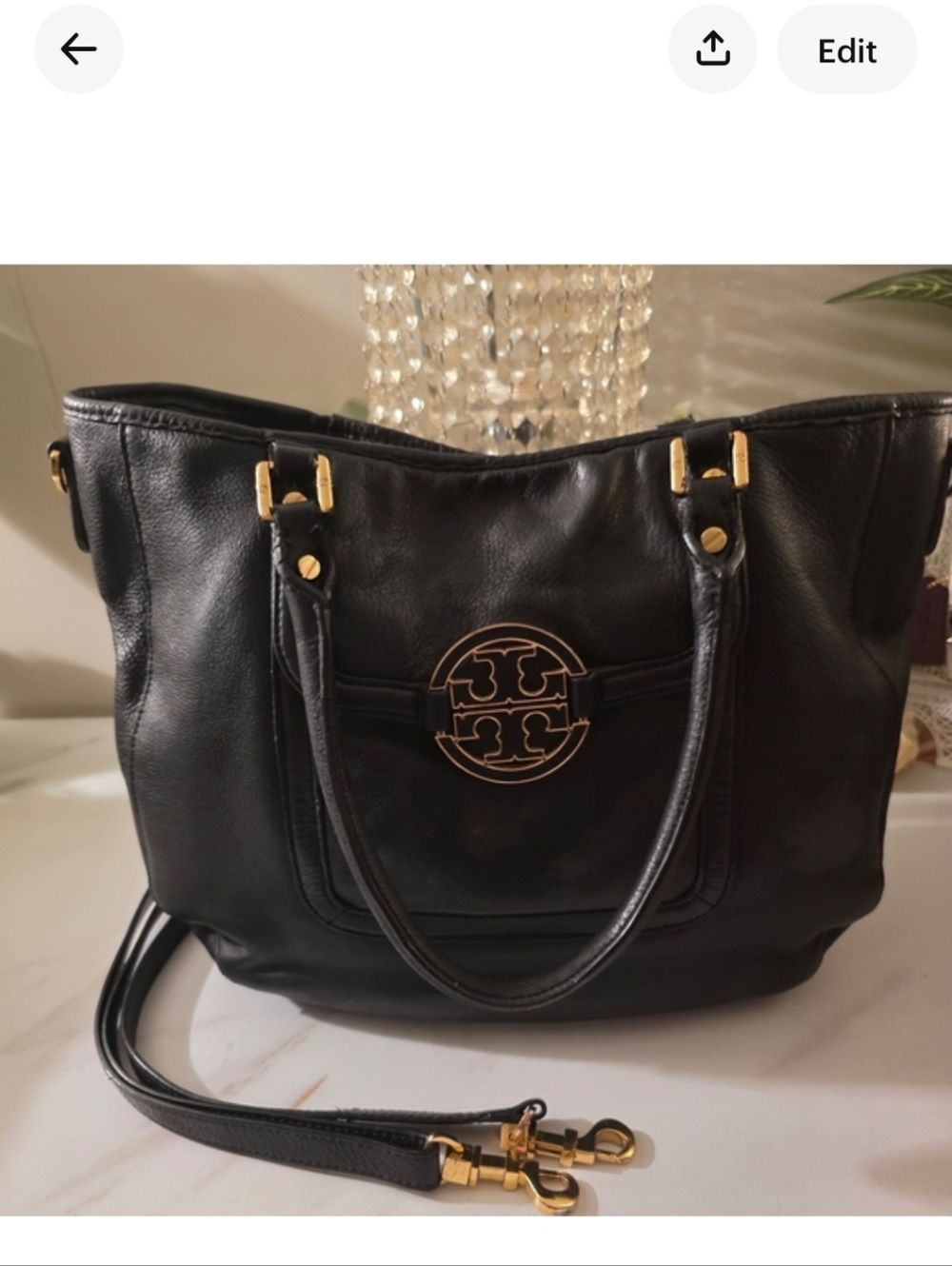Tory Burch Black Leather Tote with Gold Logo